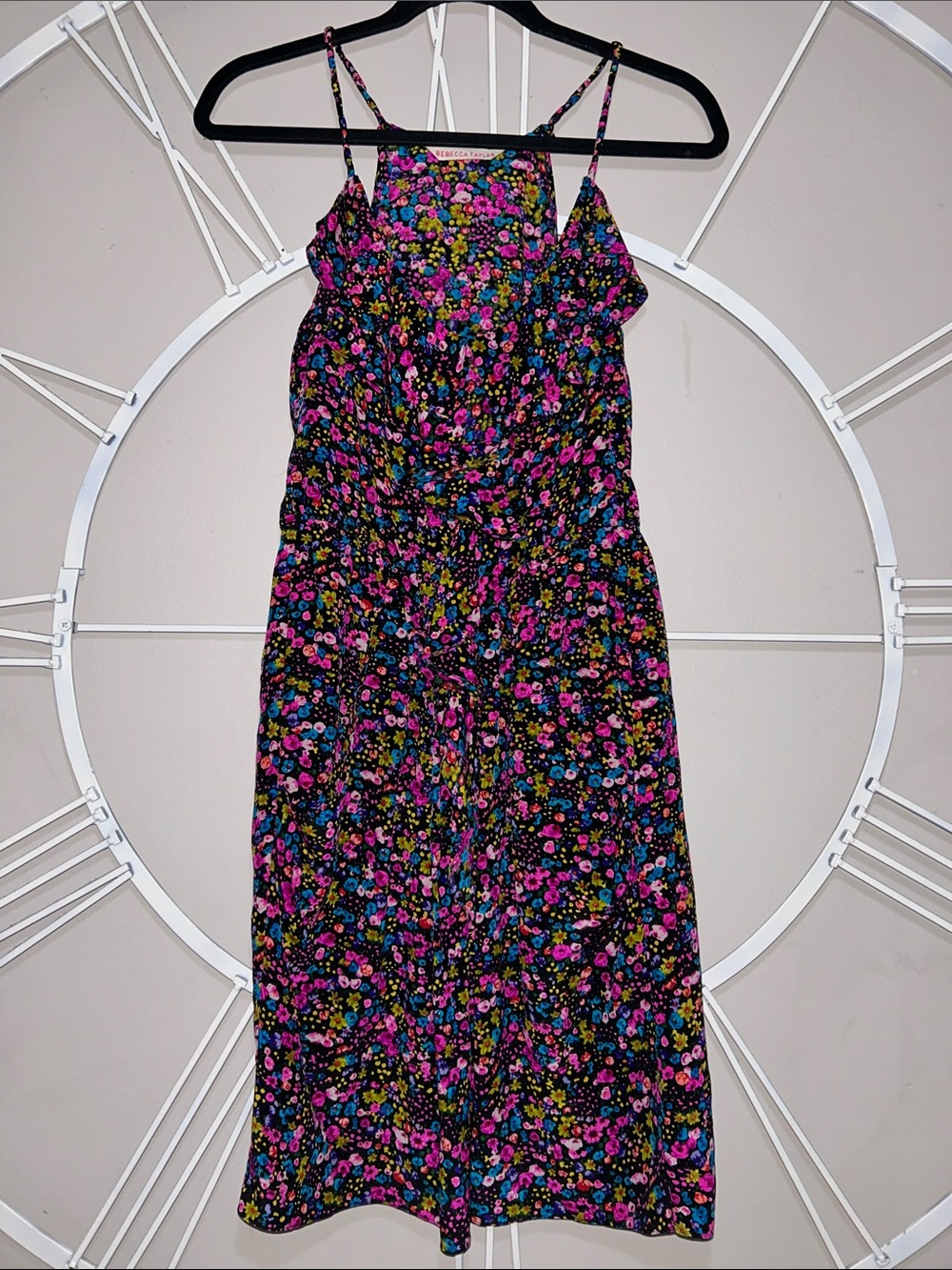 Rebecca Taylor 100% Silk Floral Mini Dress with Pink, Blue & Yellow Flowers